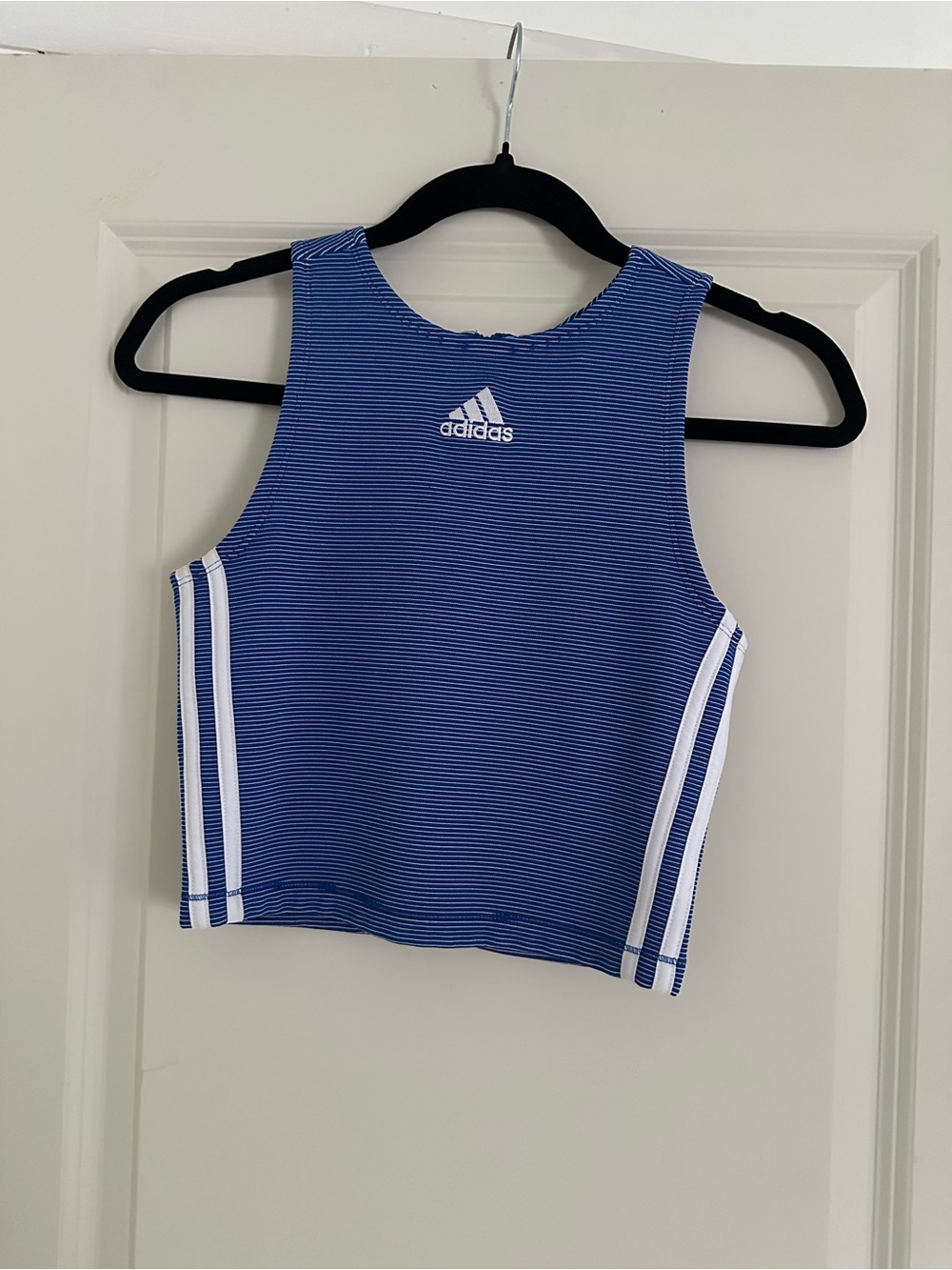 adidas Blue and White Stripe Athletic Crop Tank